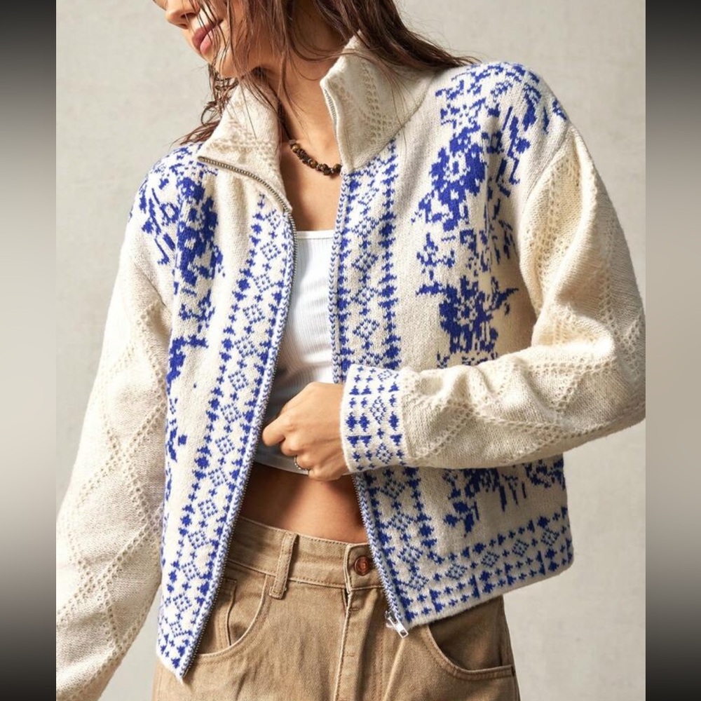 Boho Comfy Print Zip up Knit Sweater Cardigan - Picture 1 of 6